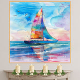 Colorful Sailboat Watercolor Painting with Ocean Reflections and Flying Birds Under Sunset Sky on Ready to Hang 1.5" Thick Canvas Wrap, Floating Framed Canvas, Flat Rolled Canvas